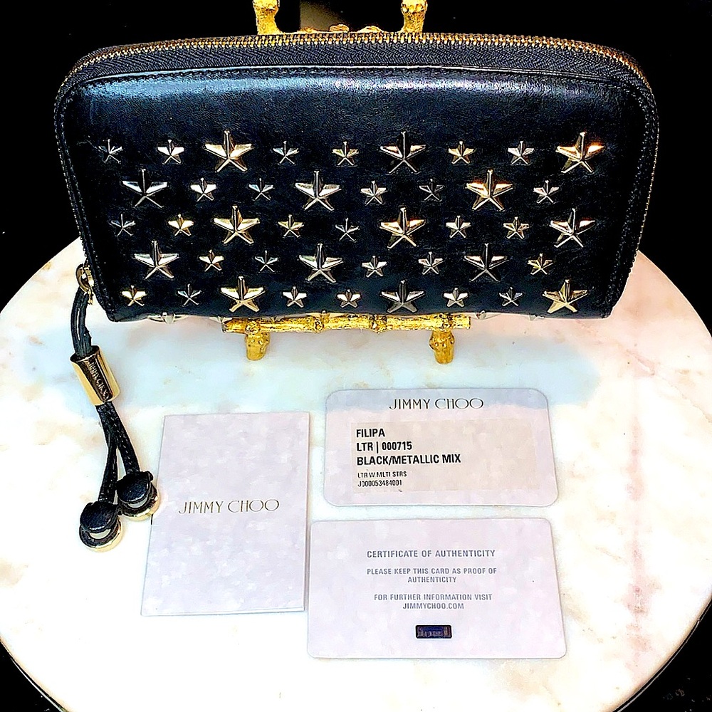 JIMMY CHOO FILIPA LONG ZIPPY WALLET BLACK LEATHER MULTI METALLIC STARS STUDS